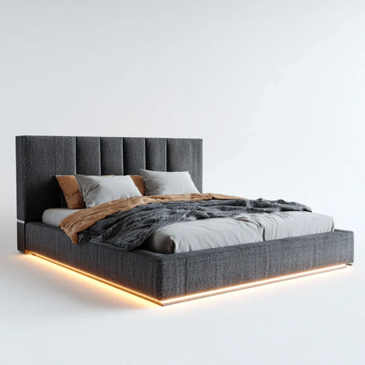 Łóżko podwójne z oświetleniem LED antracyt szary 160 x 200 cm prostokątny poliester
